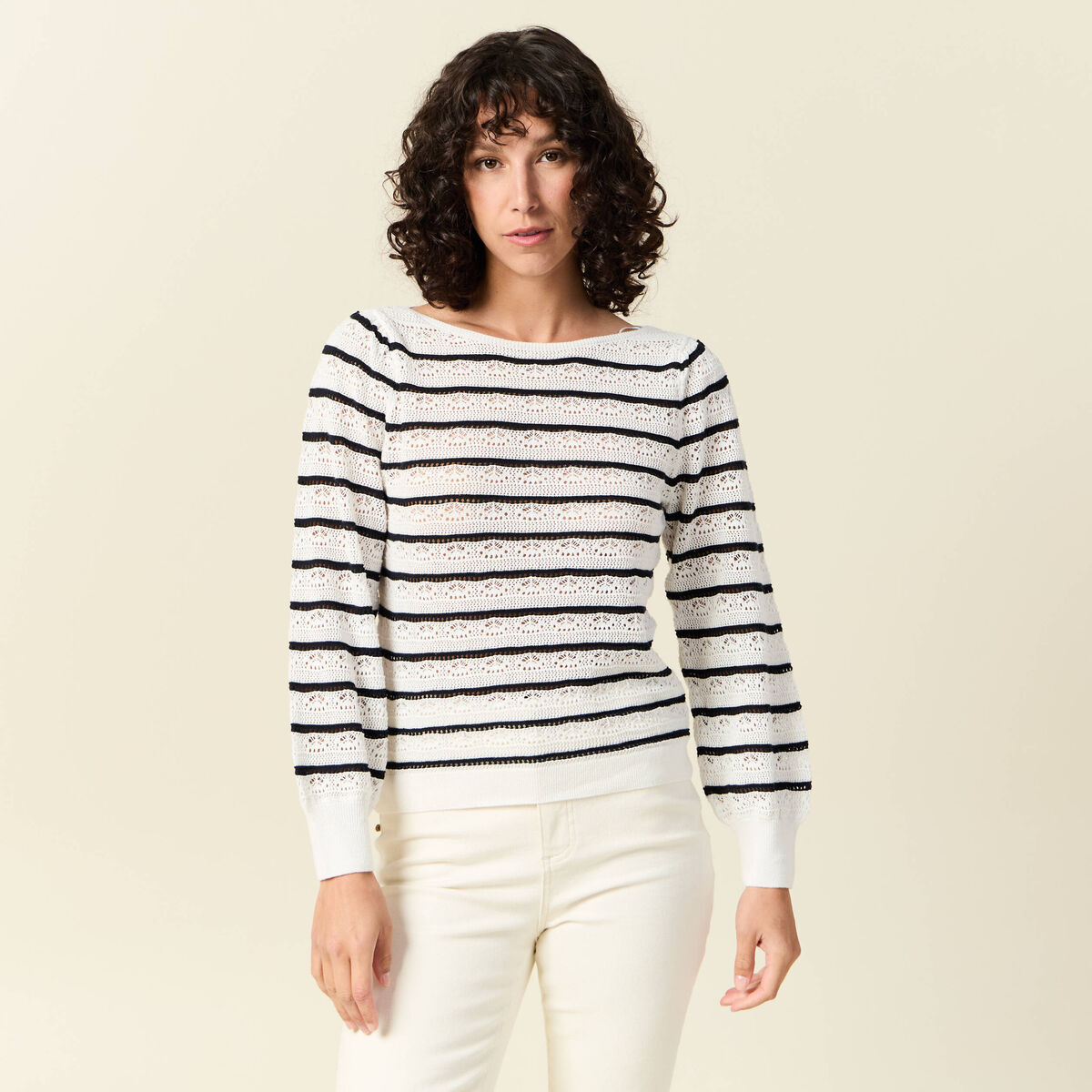 Pull manches longues ajouré ecru femme