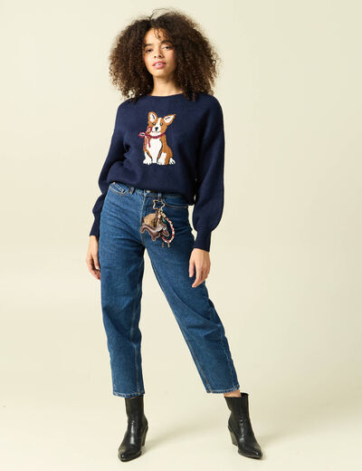 Pull col rond manches longues bleu marine femme