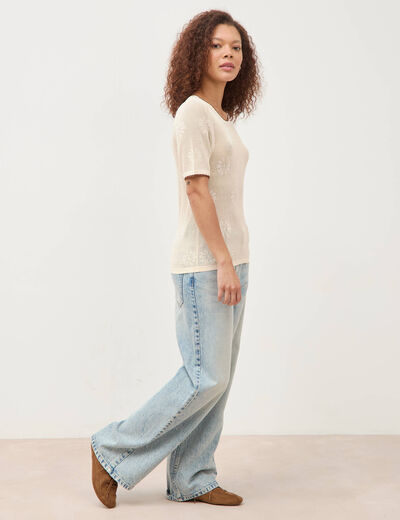 Pull droit court manches courtes ecru femme