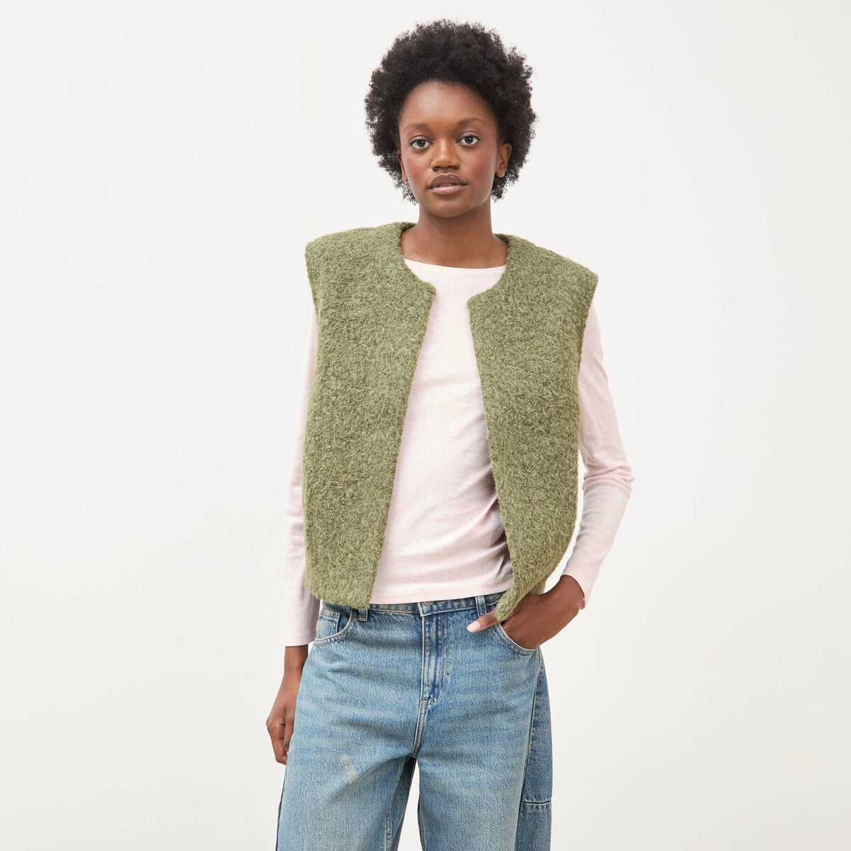 Gilet droit sans manches col rond vert kaki femme