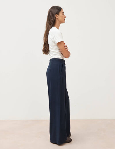 Pantalon large taille haute ceinture bleu fonc&eacute; femme