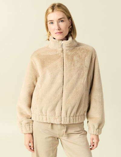 Veste droite courte col montant beige femme