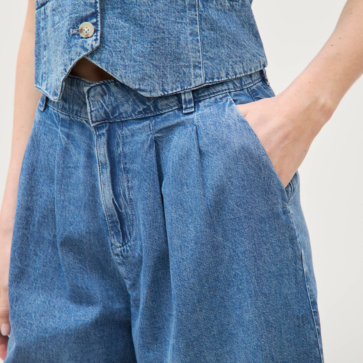 Bermuda jeans large taille haute denim used femme