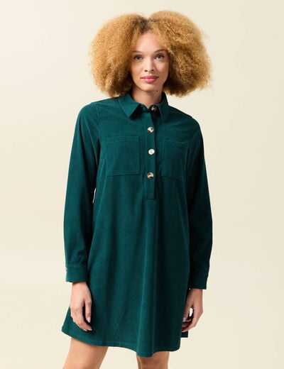 Robe droite velours col polo vert fonc&eacute; femme