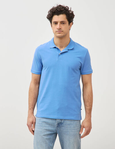 Polo cintr&eacute; en coton manches courtes bleu violet homme