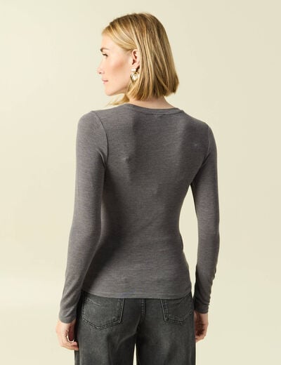 T-shirt cintr&eacute; manches longues col rond gris fonc&eacute; femme