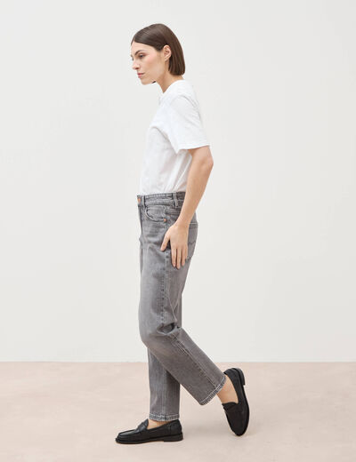 Jeans straight 7/8&egrave;me taille haute denim gris femme