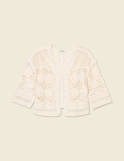 Gilet manches 3/4 ajouré ecru femme