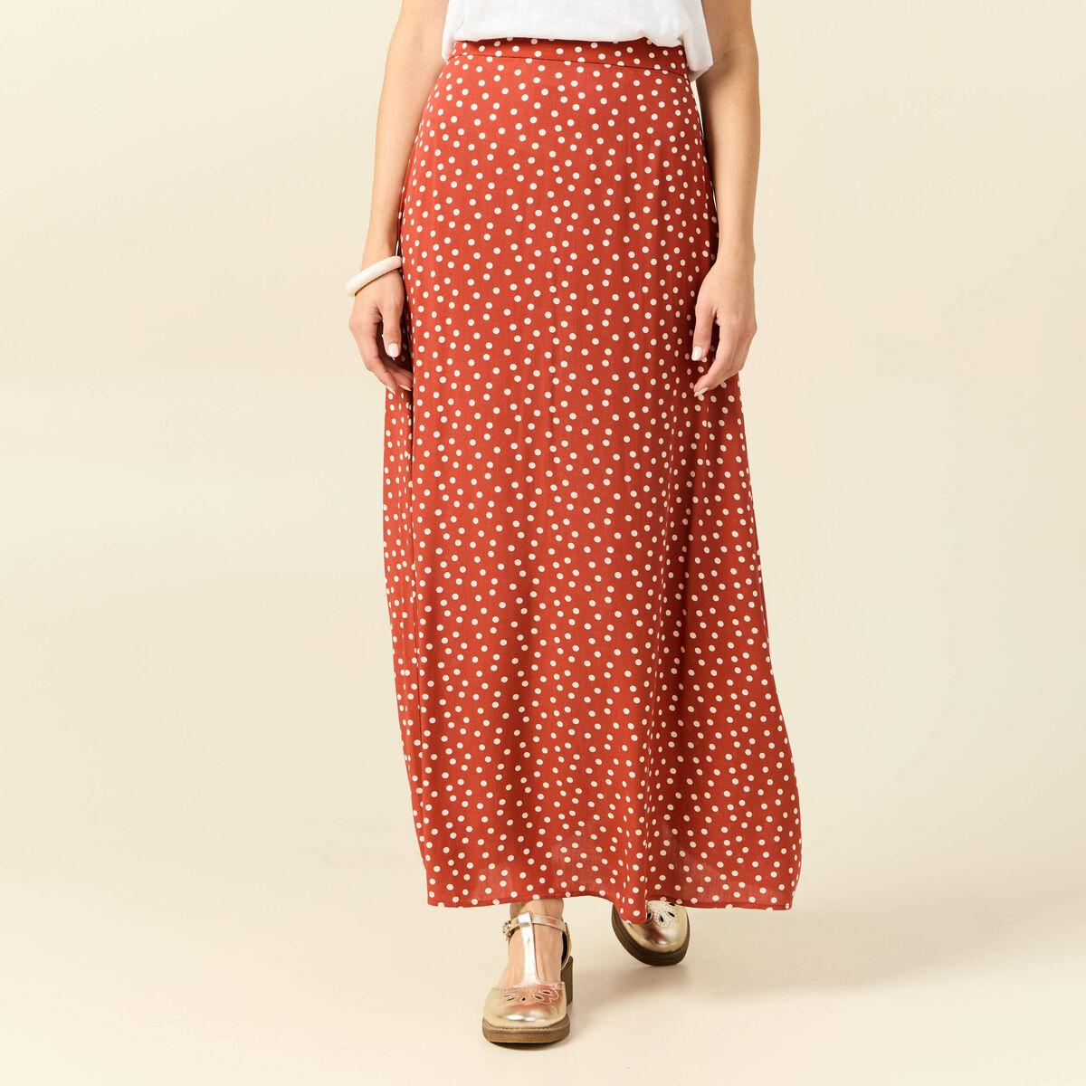 Jupe longue évasée fluide orange foncé femme