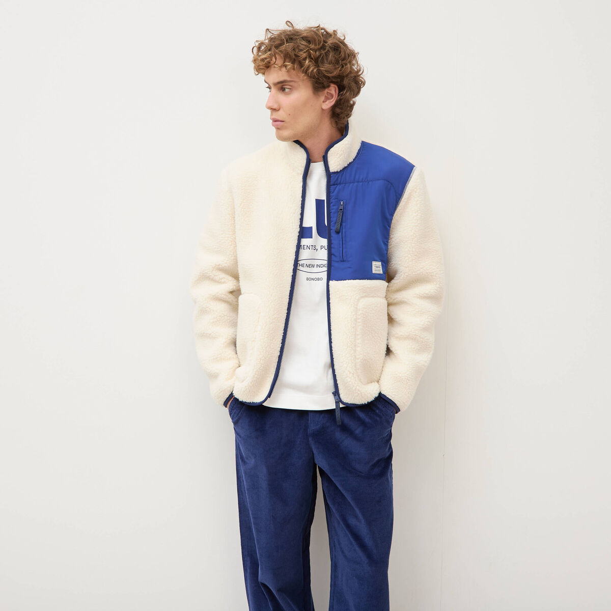 Veste sherpa col montant manches longues ecru homme