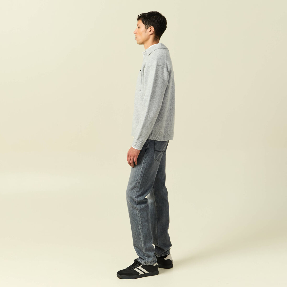 Pull manches longues col polo zipp&eacute; gris homme