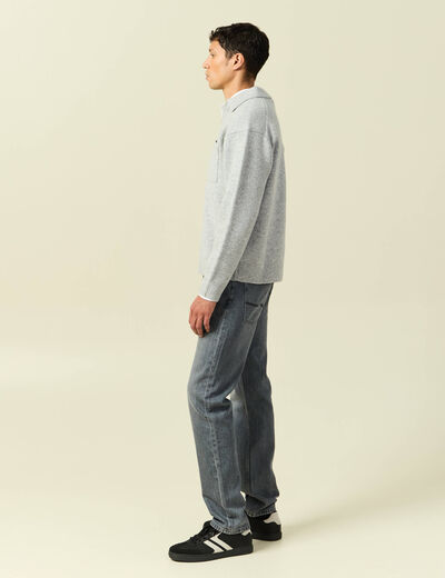 Pull manches longues col polo zipp&eacute; gris homme