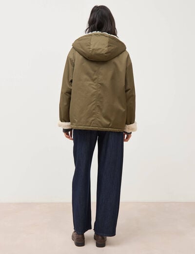 Parka oversize courte &agrave; capuche vert kaki femme
