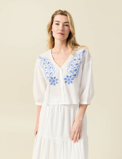 Blouse manches 3/4 brodée ecru femme