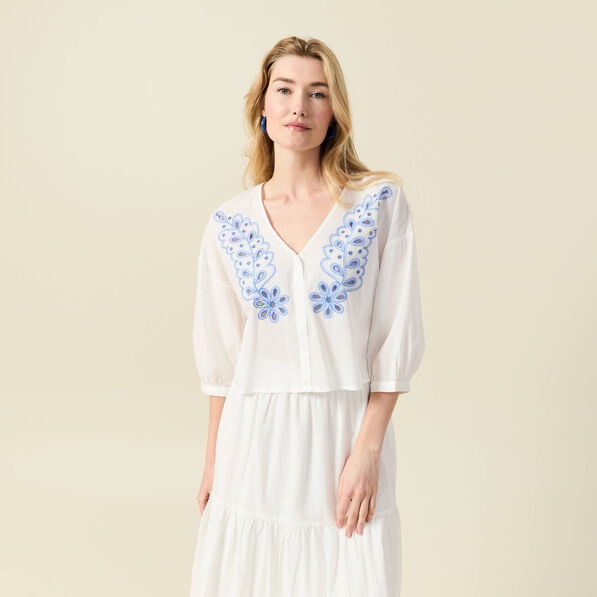 blouse manches 34 brodee ecru femme Blouse manches 3/4 brodée ecru femme