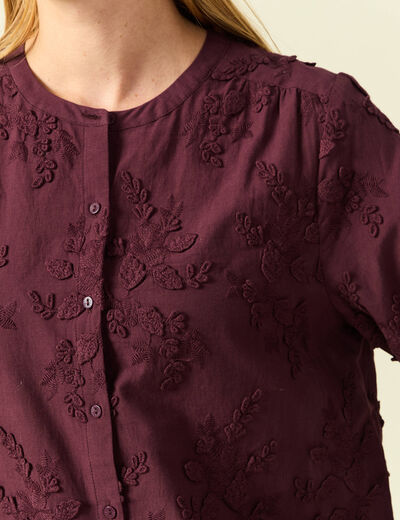 Chemise col rond manches longues brod&eacute;e prune femme
