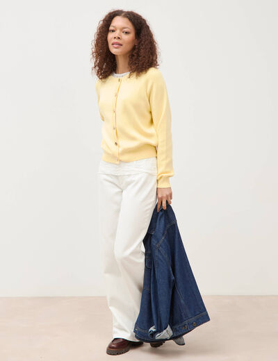 Gilet manches longues col rond en coton jaune clair femme