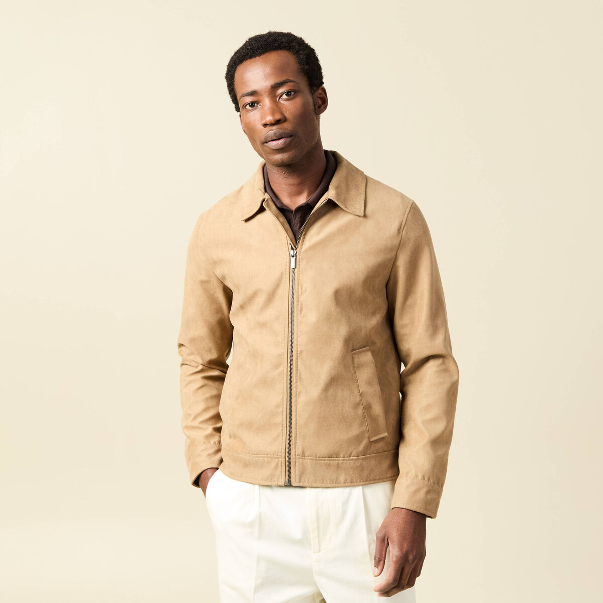 Blouson droit court &agrave; col classique marron homme