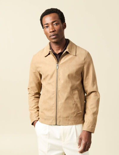 Blouson droit court &agrave; col classique marron homme
