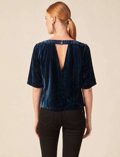Blouse ajust&eacute;e manches courtes velours bleu canard femme