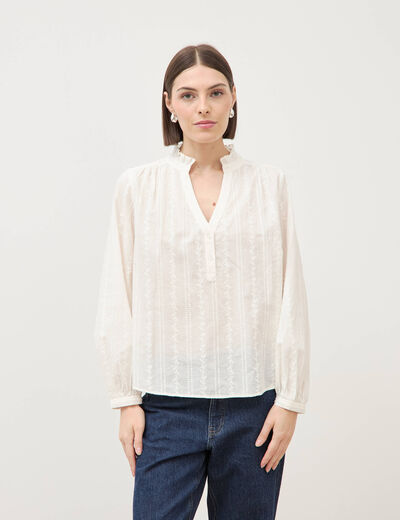 Blouse col mao manches longues en coton ecru femme