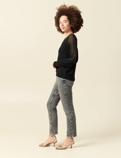 Pull ajour&eacute; col V manches longues noir femme