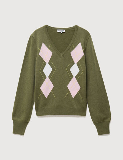 Pull col v manches longues vert femme