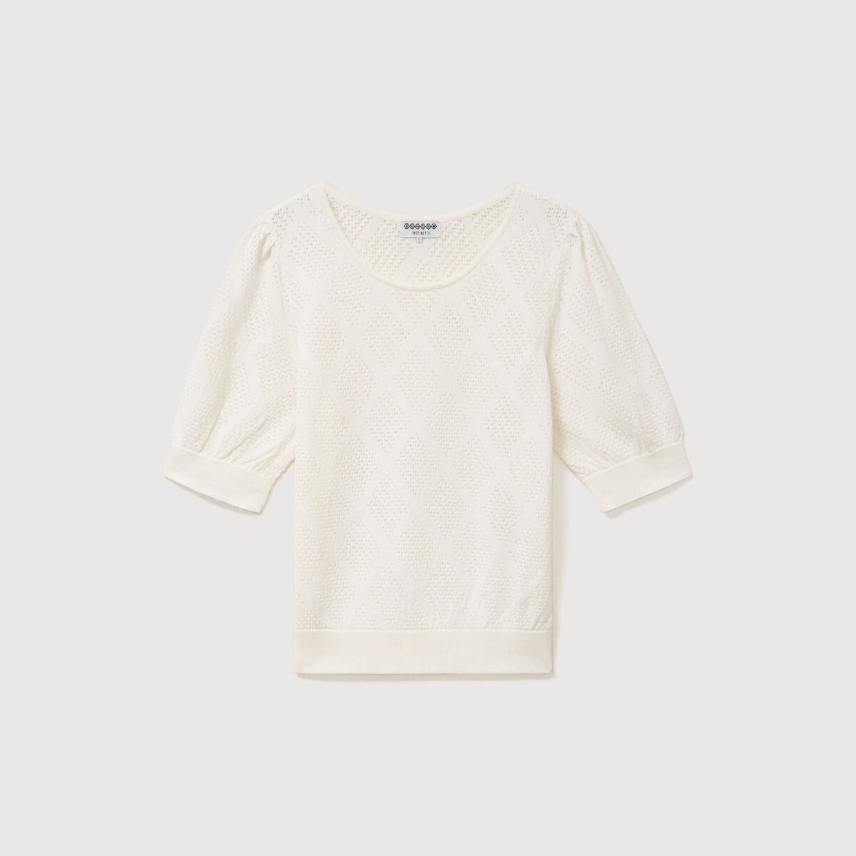 Pull ajour&eacute; droit court manches courtes ecru femme