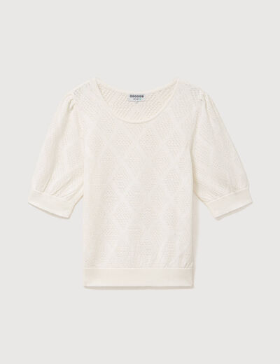 Pull ajour&eacute; droit court manches courtes ecru femme