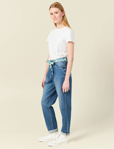 Jeans mom ceinture foulard denim stone femme