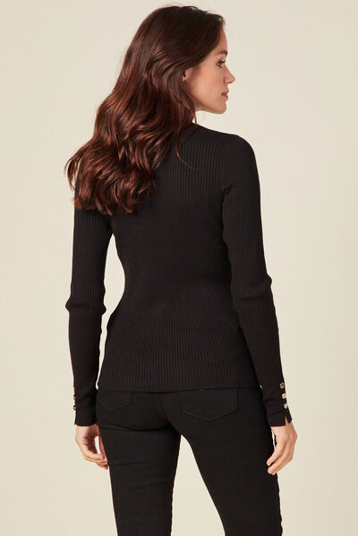 Pull manches longues côtelé noir femme