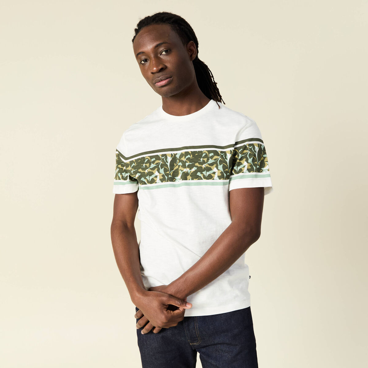 T-shirt coupe droite en coton col rond vert olive homme