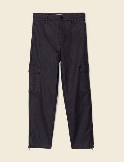 Jeans cargo 7/8ème enduit denim noir enduit femme