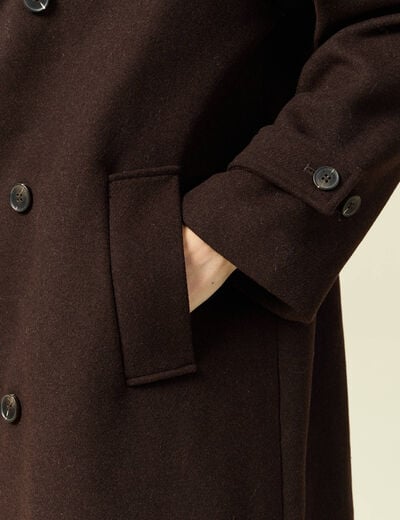 Manteau droit long col montant marron fonc&eacute; femme