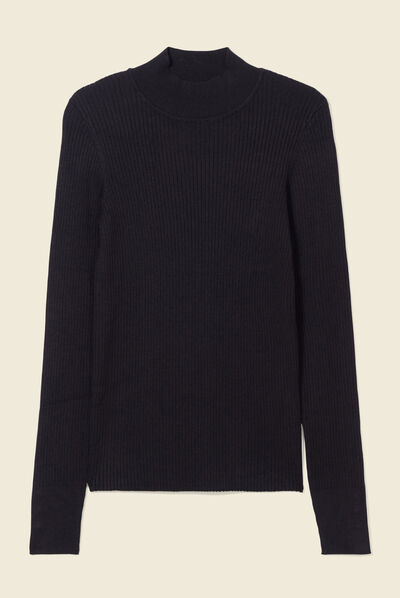 Pull manches longues côtelé noir femme