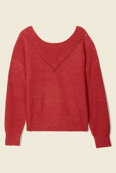 Pull manches longues sequins rouge foncé femme