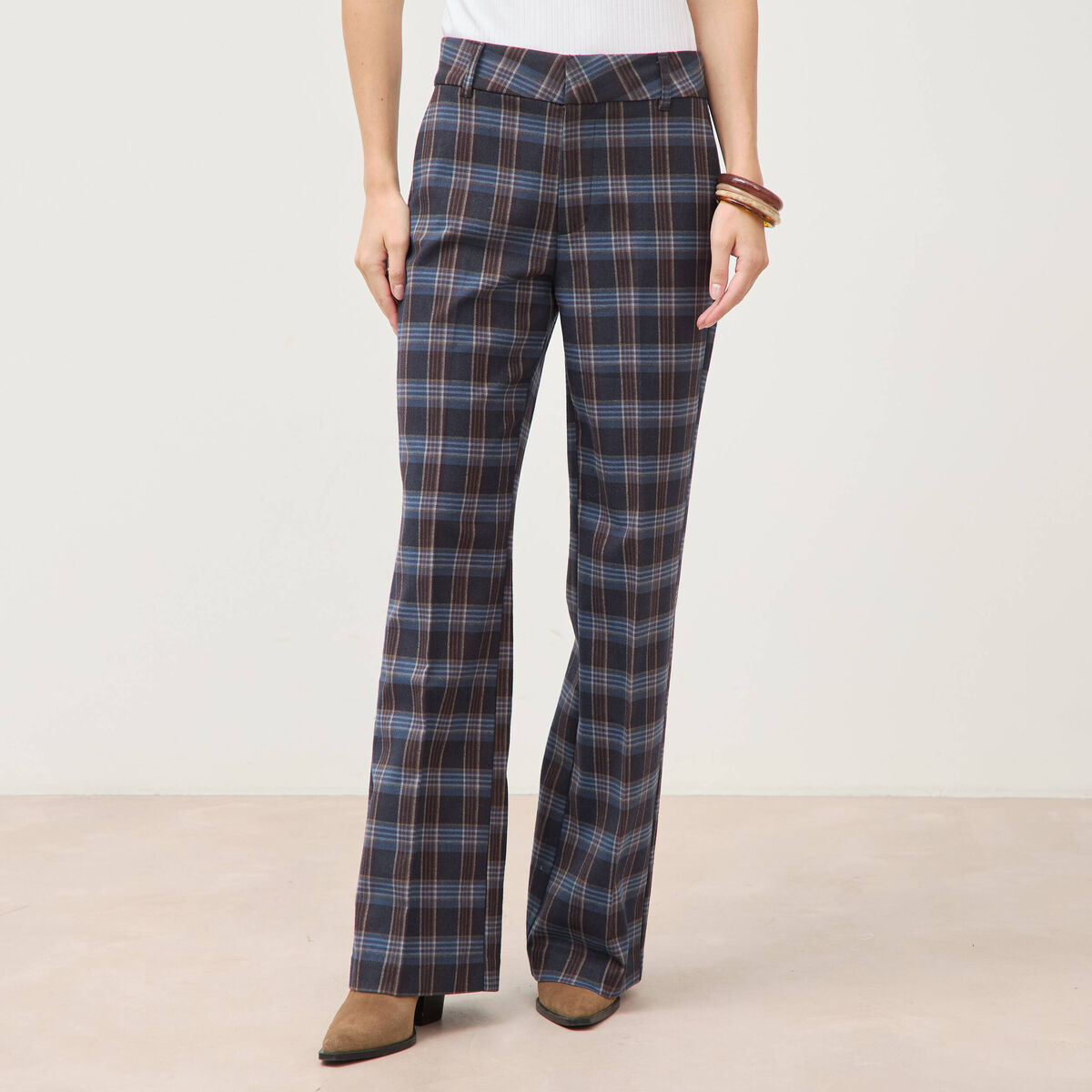 Pantalon flare &agrave; carreaux taille haute bleu gris femme