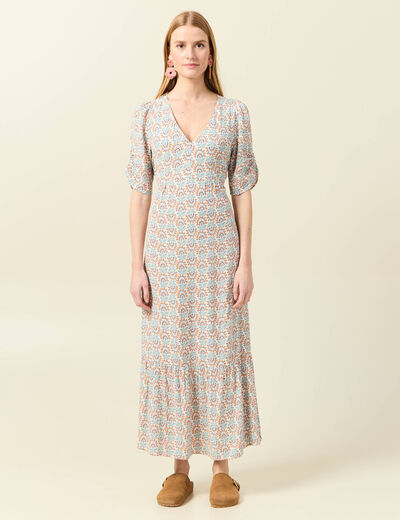 Robe longue évasée col en V blanc femme