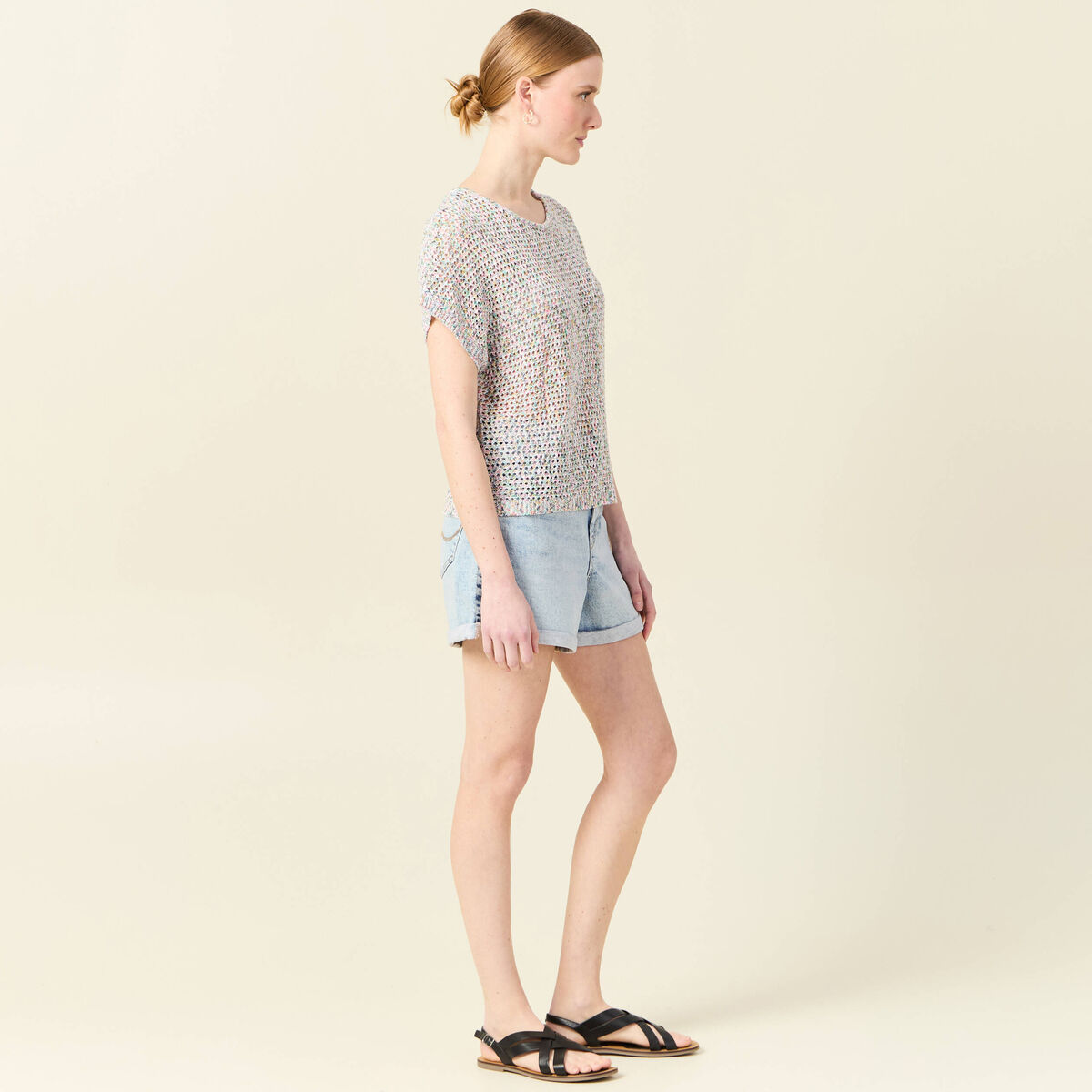 Pull crochet manches courtes vert kaki femme