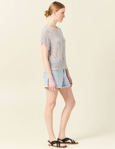 Pull crochet manches courtes vert kaki femme