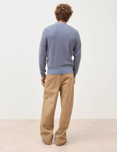 Pull droit col polo manches longues bleu gris homme