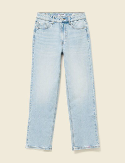 Jeans straight 7/8&egrave;me taille haute denim bleach femme