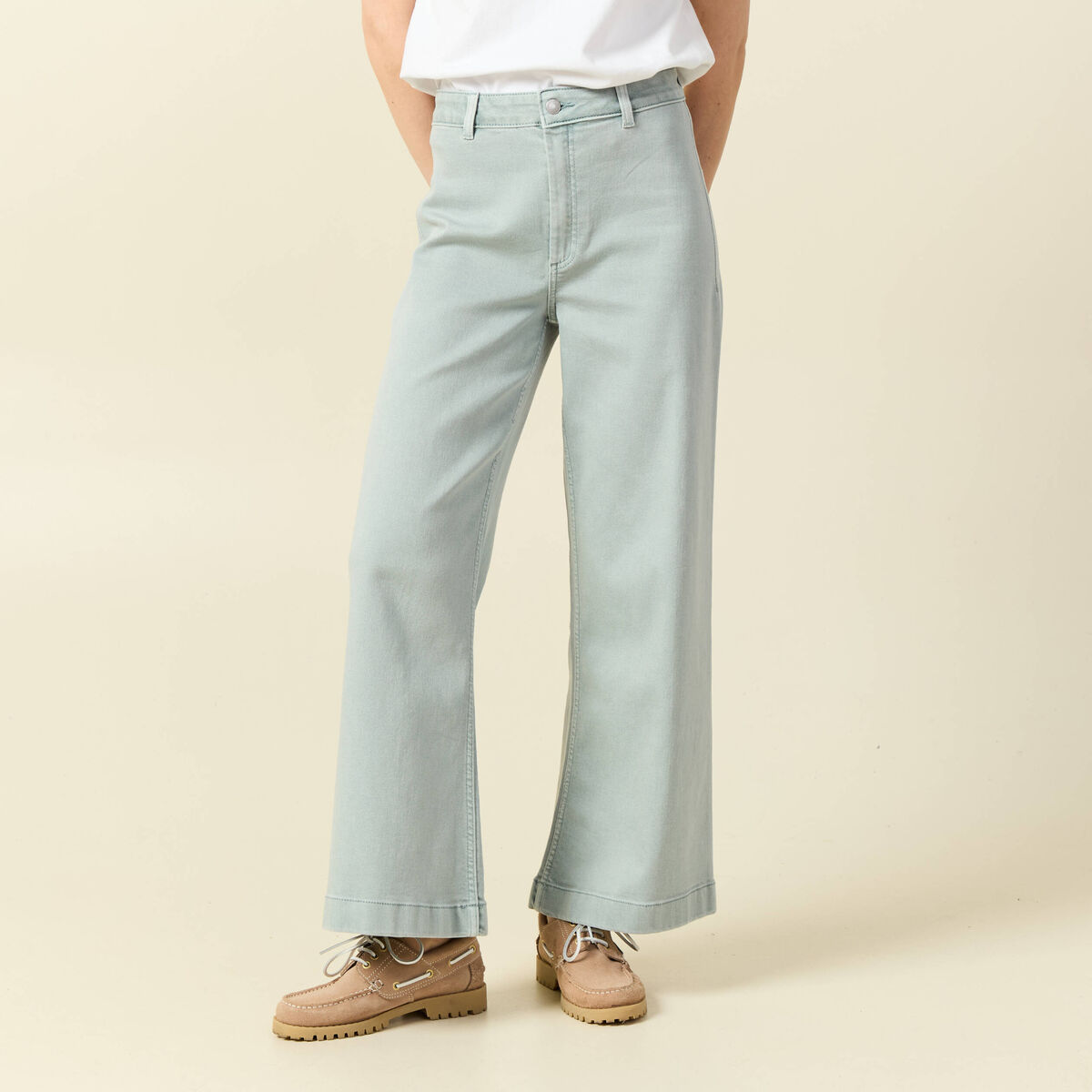 Jeans large cropped taille haute bleu gris femme