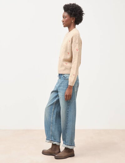 Pull droit col rond manches longues creme femme