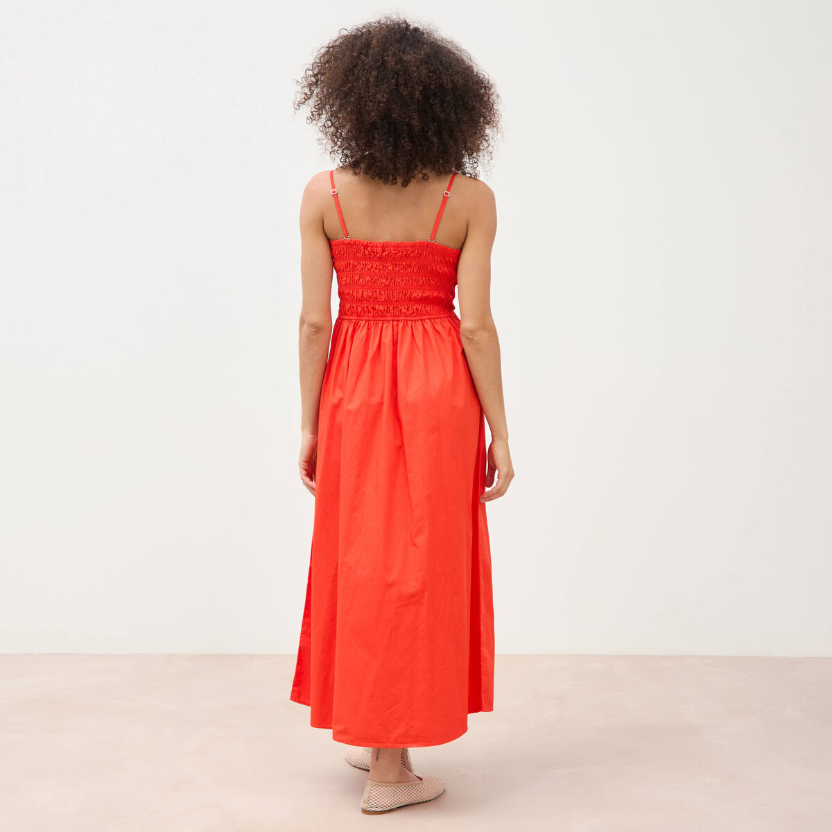 Robe bretelles col carr&eacute; en coton orange fonc&eacute; femme