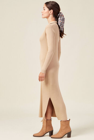 Robe pull longue moulante beige femme