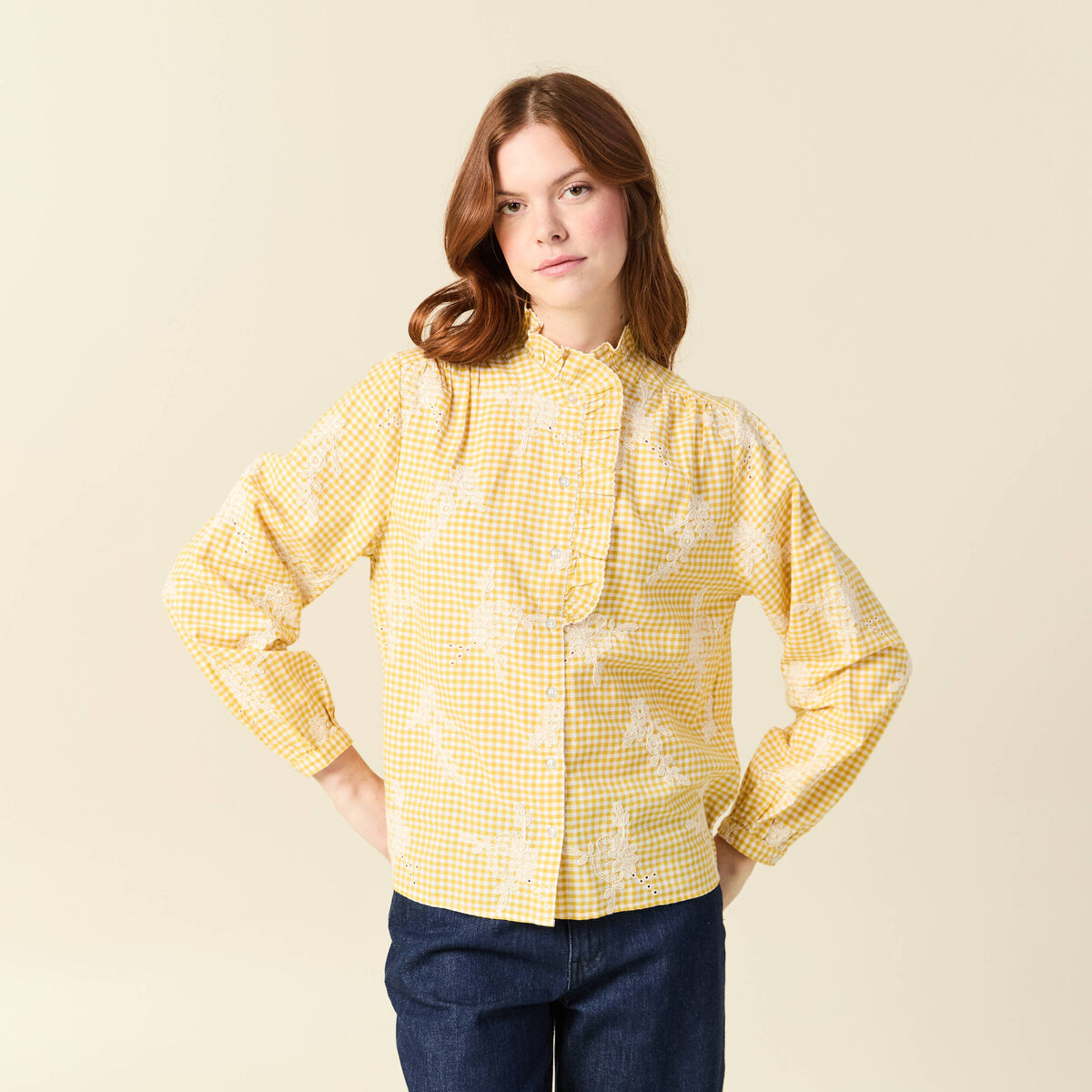 Chemise vichy manches longues en coton jaune femme