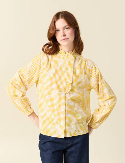 Chemise vichy manches longues en coton jaune femme