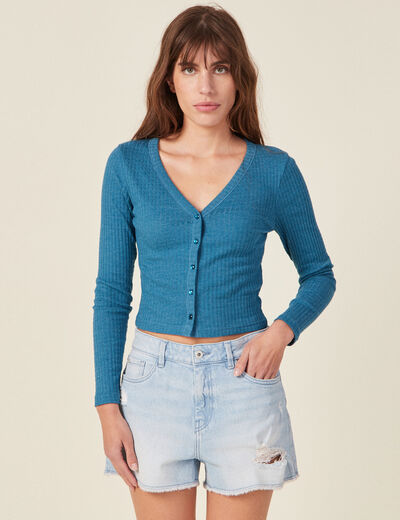 T-shirt manches longues côtelé bleu pétrole femme