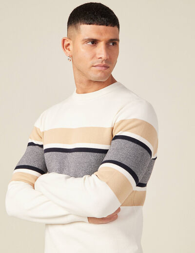 Pull fin col rond manches longues ecru homme